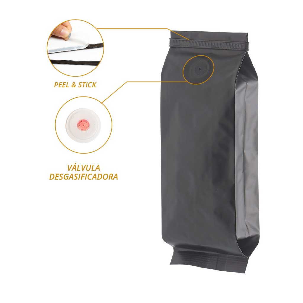 Bolsa flow pack negra con válvula