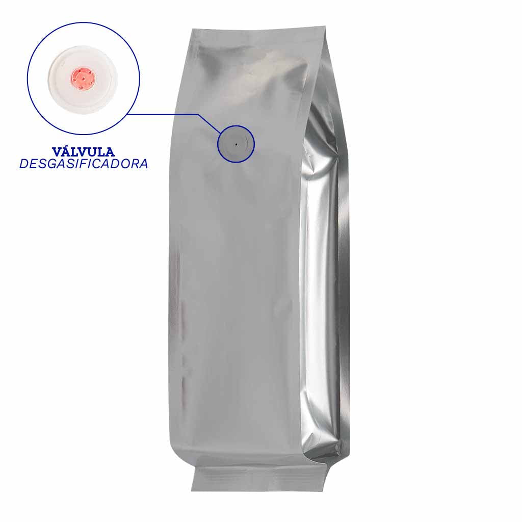 Bolsas flow pack cuatro selles metalizada para café de libra con válvula