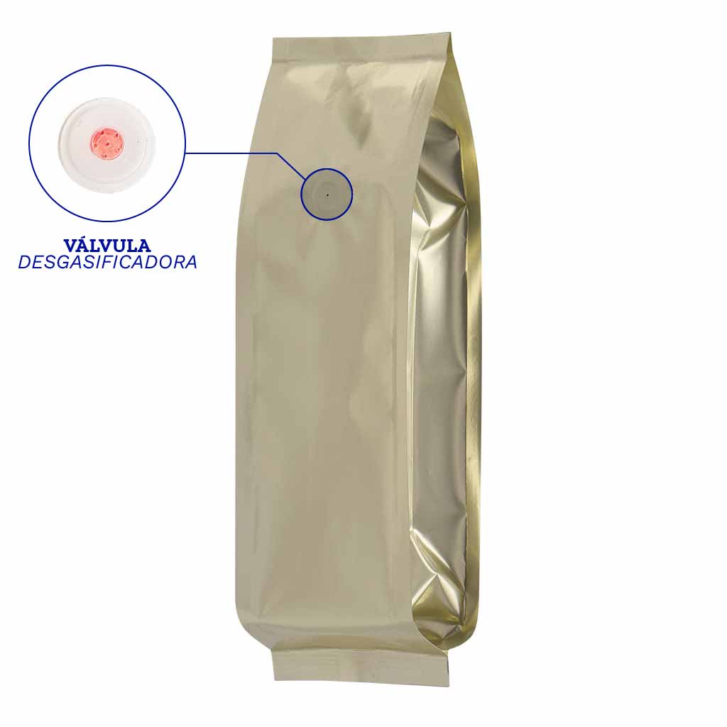 Bolsa dorada con válvula desgasificadora para sellado manual o con maquina 