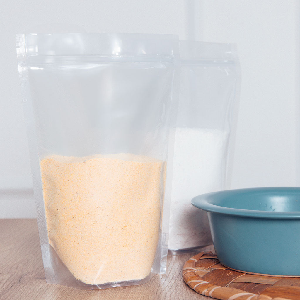 Bolsa transparente para detergente en polvo con cremallera