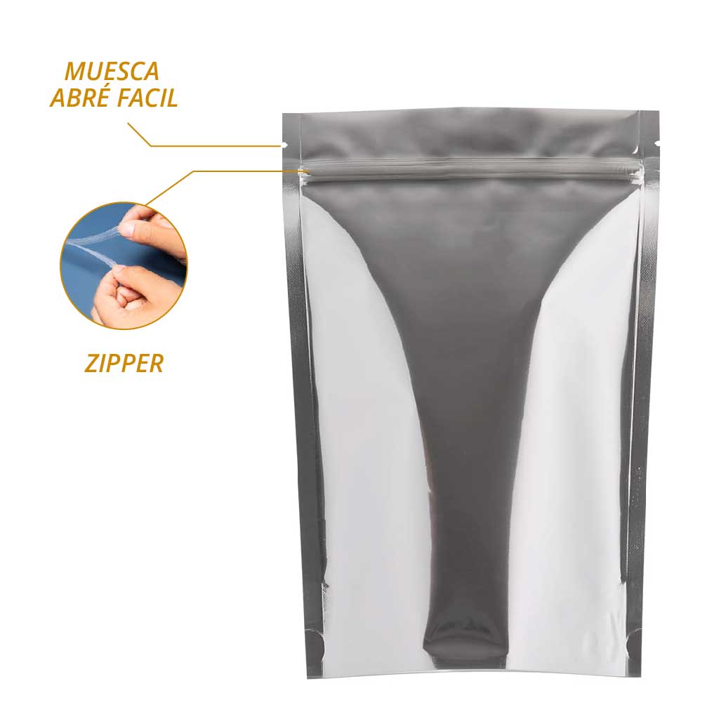Bolsa  metalizada con zipper  autosoportable  para alimentos en granos